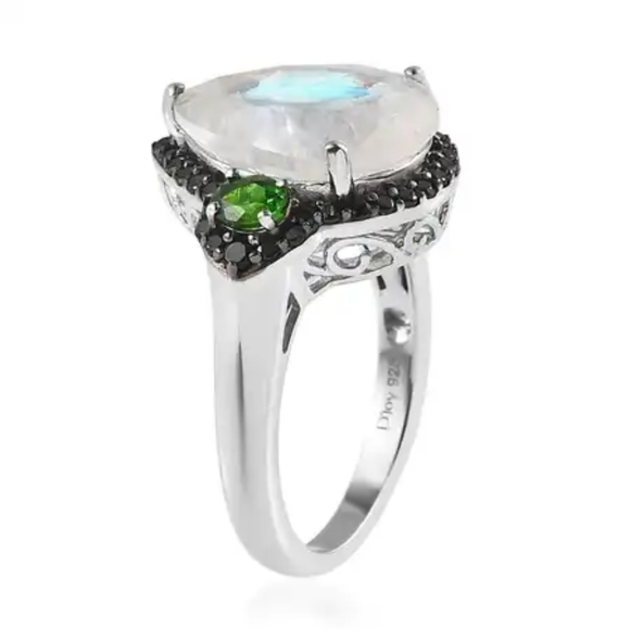 Rainbow Moonstone with Chrome Diopside and Black Thai Spinel Ring Platinum O/SS - Picture 4 of 6